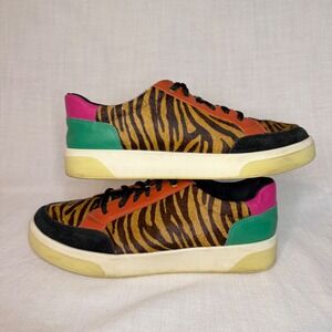 Tiger Print Calf Hair Colorblock Leather Low Top Platform Sneakers Multi Color